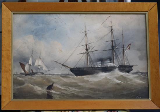 19th century English School Paddle steamer at sea 13 x 20.5in.